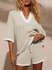 Collared Neck Contrast Striped Top and Shorts Sweater Set Apricot / S