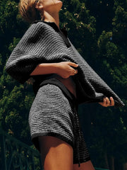 Collared Neck Contrast Striped Top and Shorts Sweater Set Black & Black / S