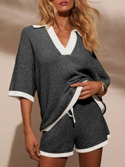 Collared Neck Contrast Striped Top and Shorts Sweater Set Black & White / S