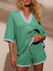 Collared Neck Contrast Striped Top and Shorts Sweater Set Green / S