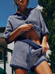 Collared Neck Contrast Striped Top and Shorts Sweater Set Navy Blue / S