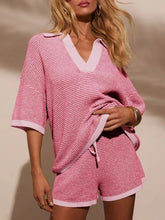 Collared Neck Contrast Striped Top and Shorts Sweater Set Pink / S
