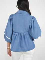 Collared Neck Contrast Trim Balloon Sleeve Blouse