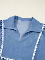 Collared Neck Contrast Trim Balloon Sleeve Blouse