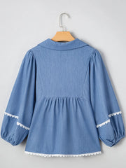 Collared Neck Contrast Trim Balloon Sleeve Blouse
