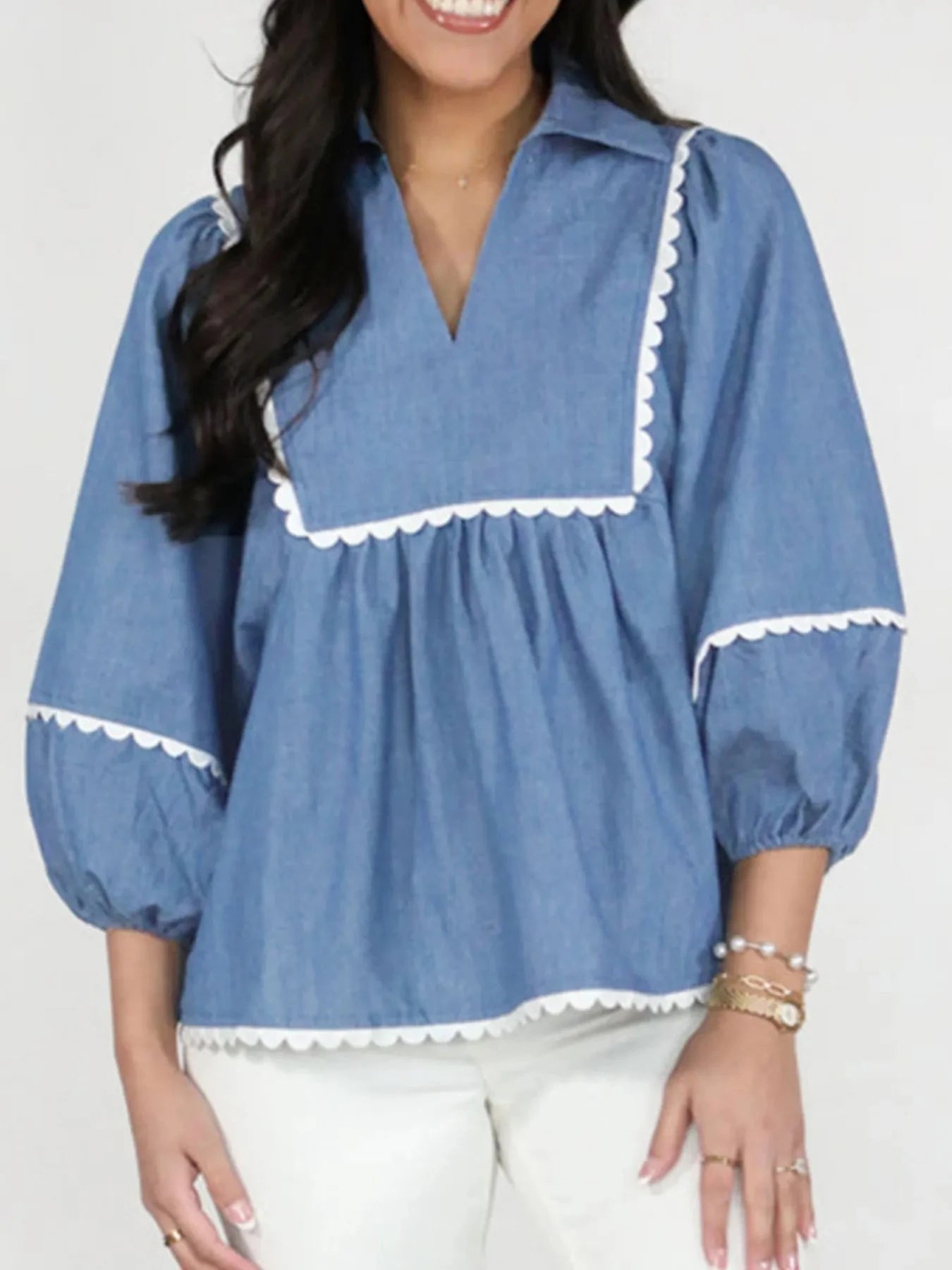 Collared Neck Contrast Trim Balloon Sleeve Blouse