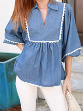 Collared Neck Contrast Trim Balloon Sleeve Blouse Dusty Blue / S