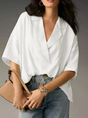 Collared Neck Half Sleeve Blouse White / S