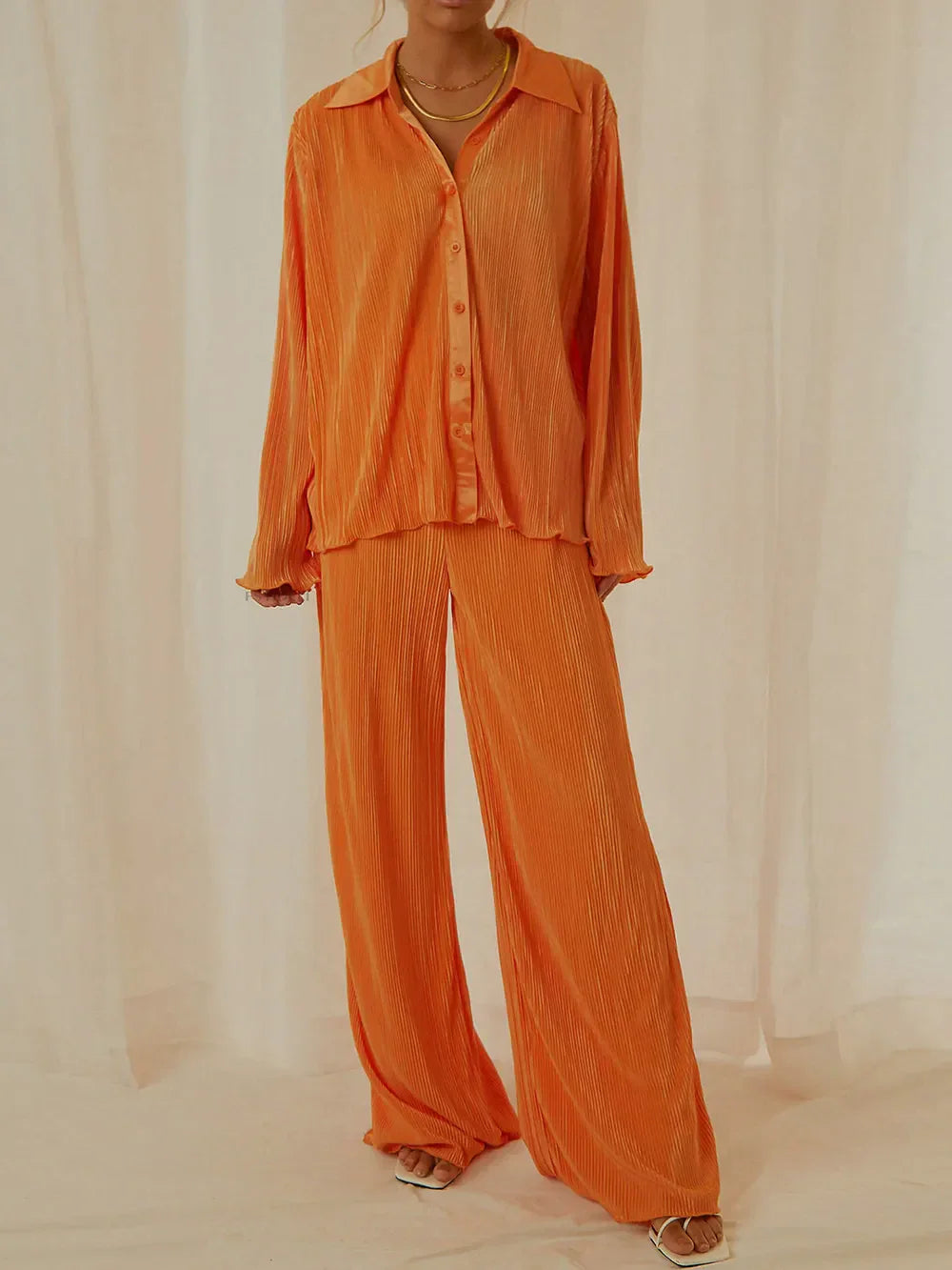 Collared Neck Long Sleeve Top and Pants Lounge Set Orange / S