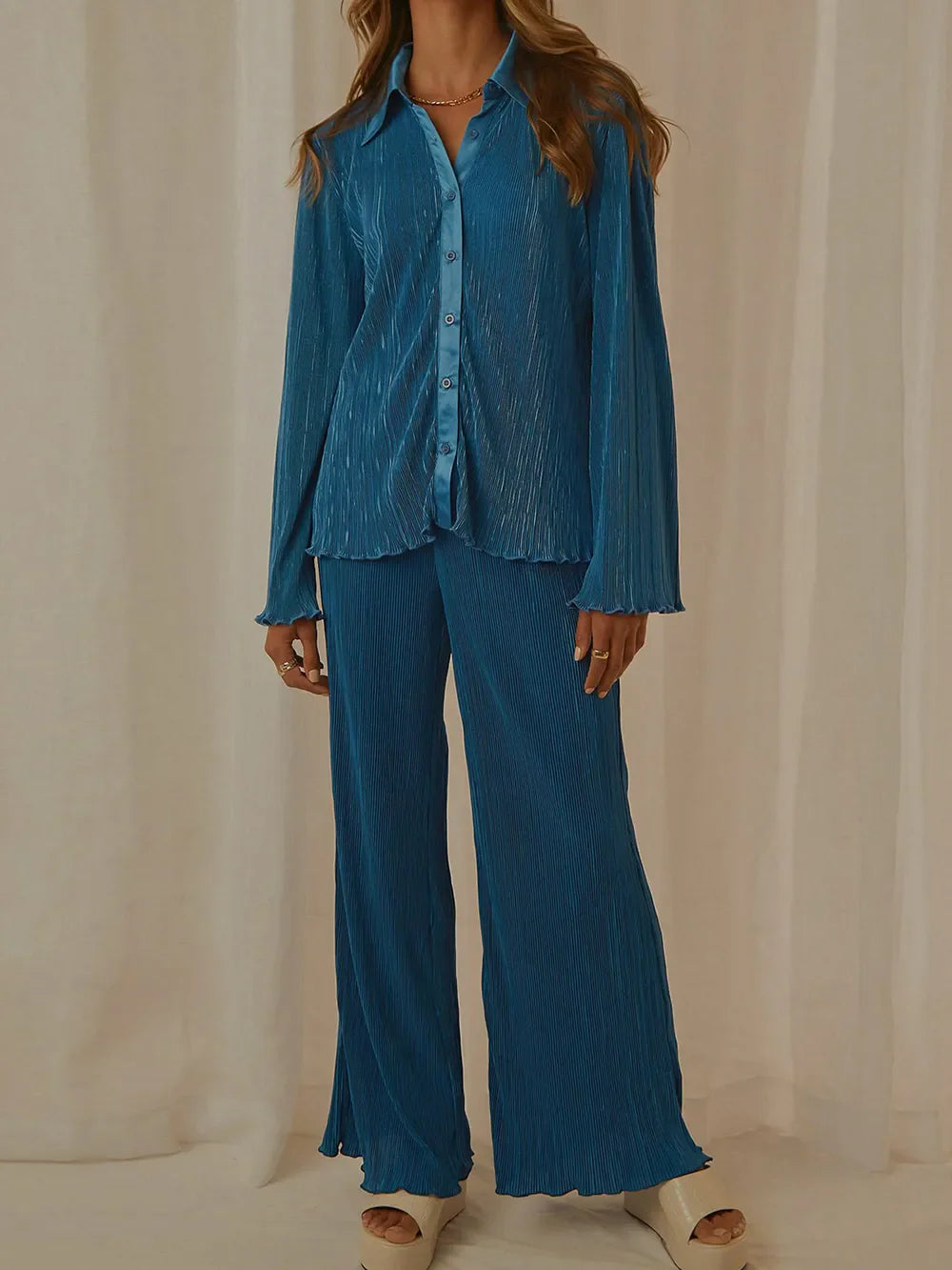 Collared Neck Long Sleeve Top and Pants Lounge Set Peacock Blue / S