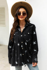 Collared Neck Star Print Long Sleeve Denim Jacket Black / S
