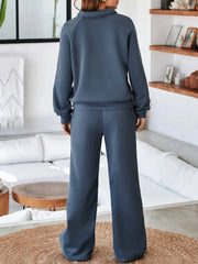 Collared Sweatshirt and High Waist Pants Active Set