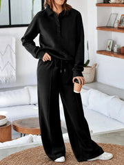 Collared Sweatshirt and High Waist Pants Active Set Black / M