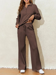 Collared Sweatshirt and High Waist Pants Active Set Brown / M