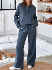 Collared Sweatshirt and High Waist Pants Active Set Dusty Blue / M