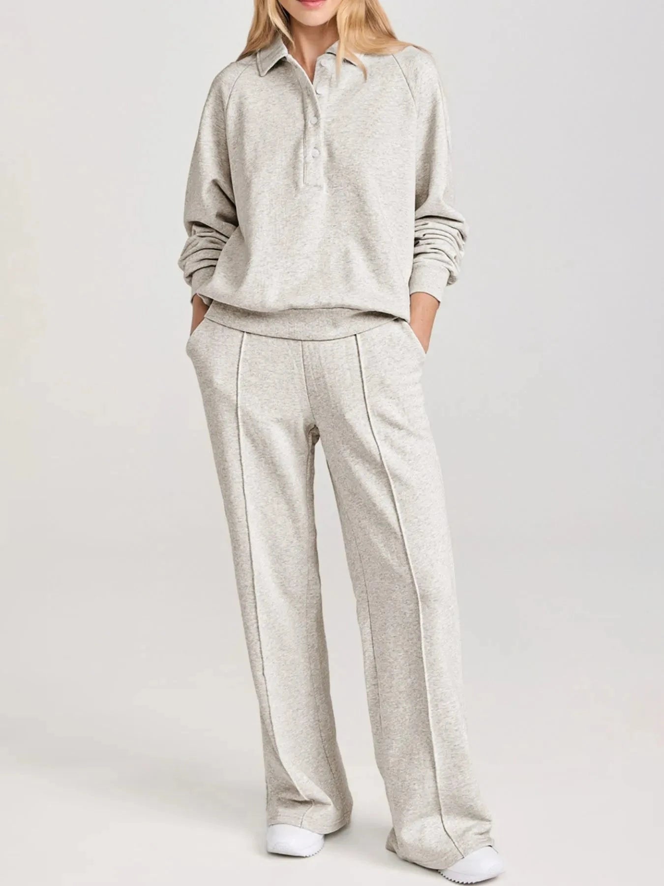Collared Sweatshirt and High Waist Pants Active Set Light Gray / M