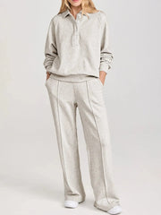 Collared Sweatshirt and High Waist Pants Active Set Light Gray / M