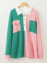 Color Block Button Front Collared Neck Sweatshirt