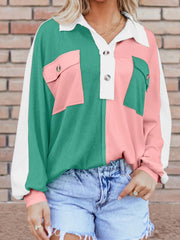 Color Block Button Front Collared Neck Sweatshirt