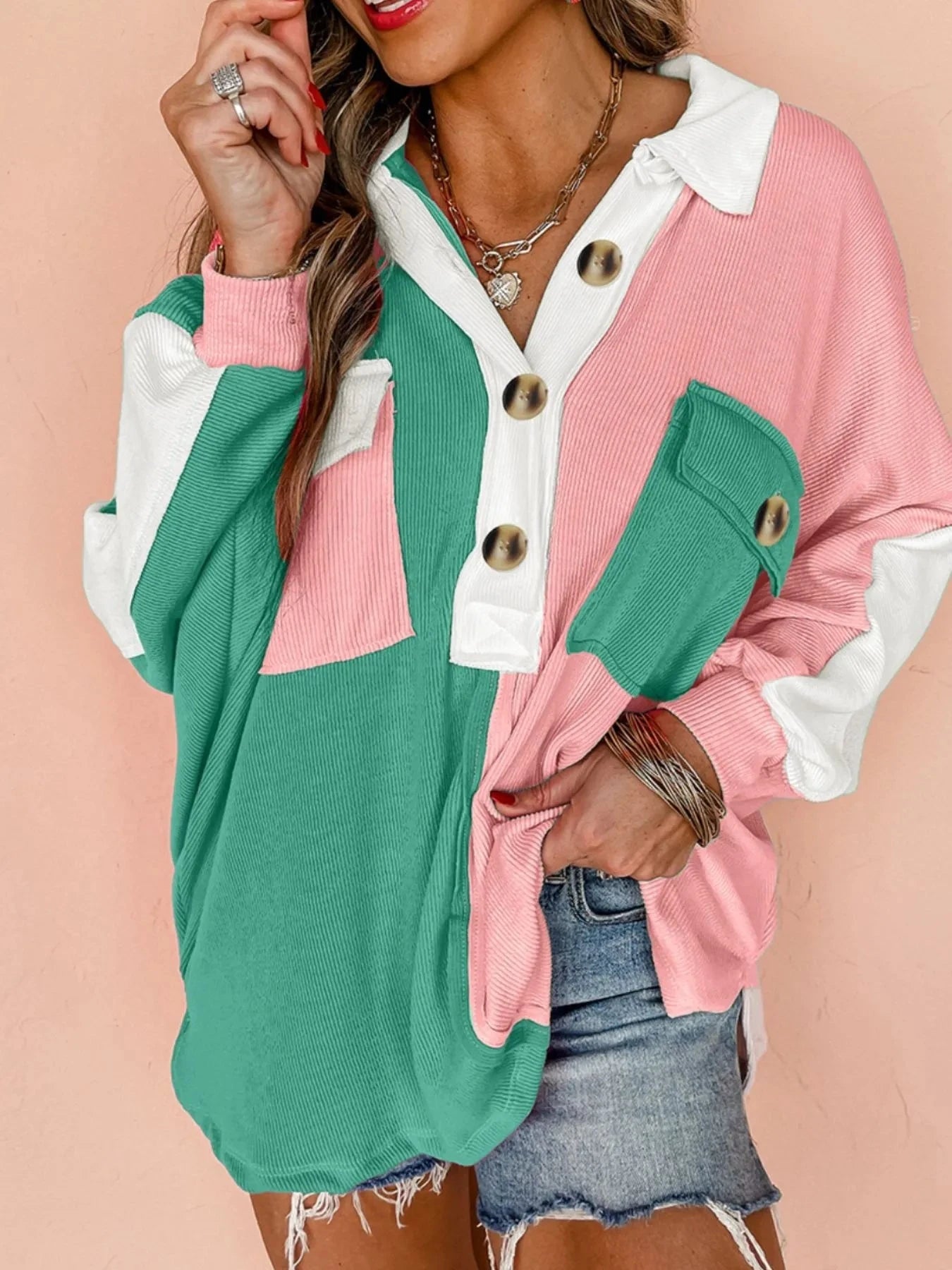 Color Block Button Front Collared Neck Sweatshirt