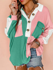Color Block Button Front Collared Neck Sweatshirt