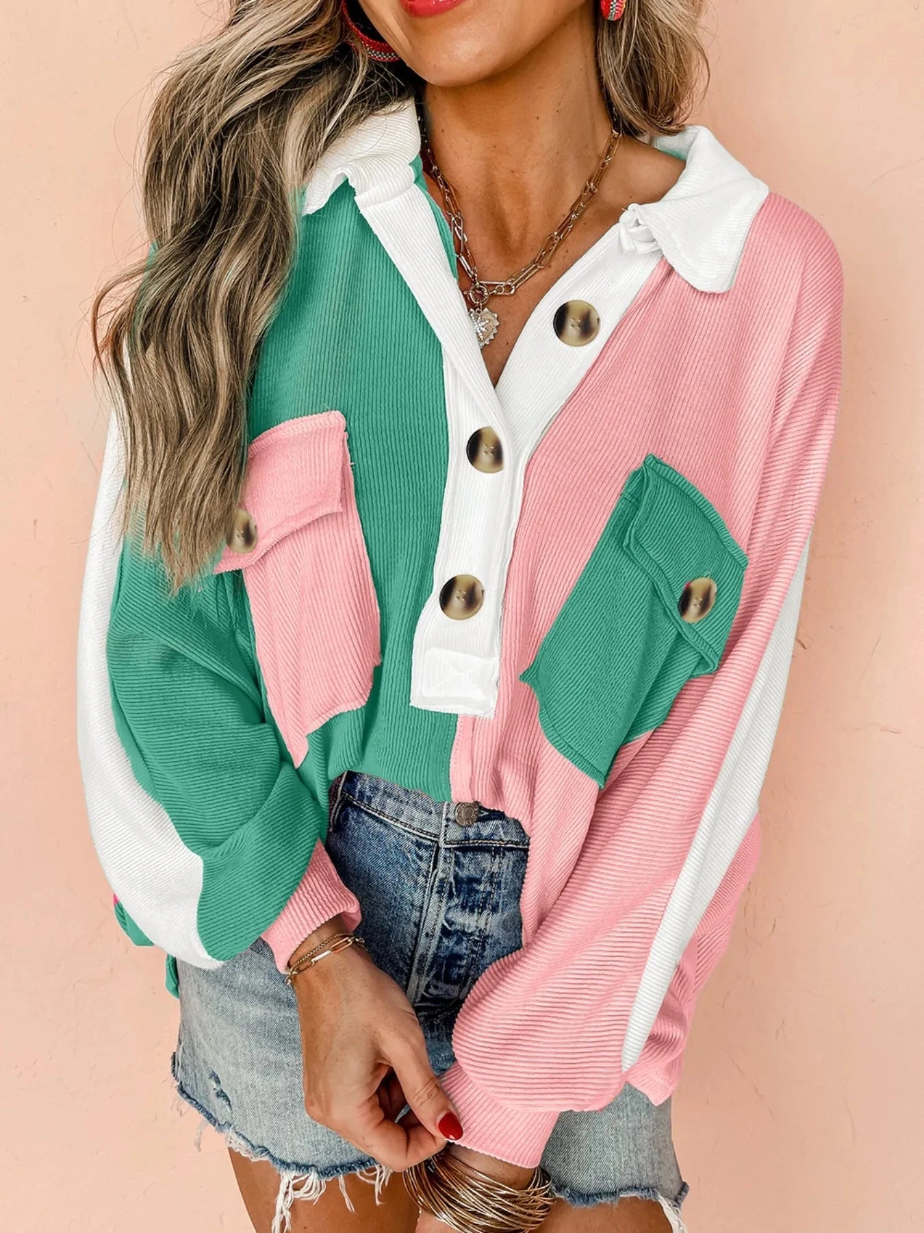 Color Block Button Front Collared Neck Sweatshirt Dusty Pink / S