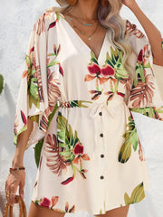 Color Block Drawstring Waist Button Up Dress