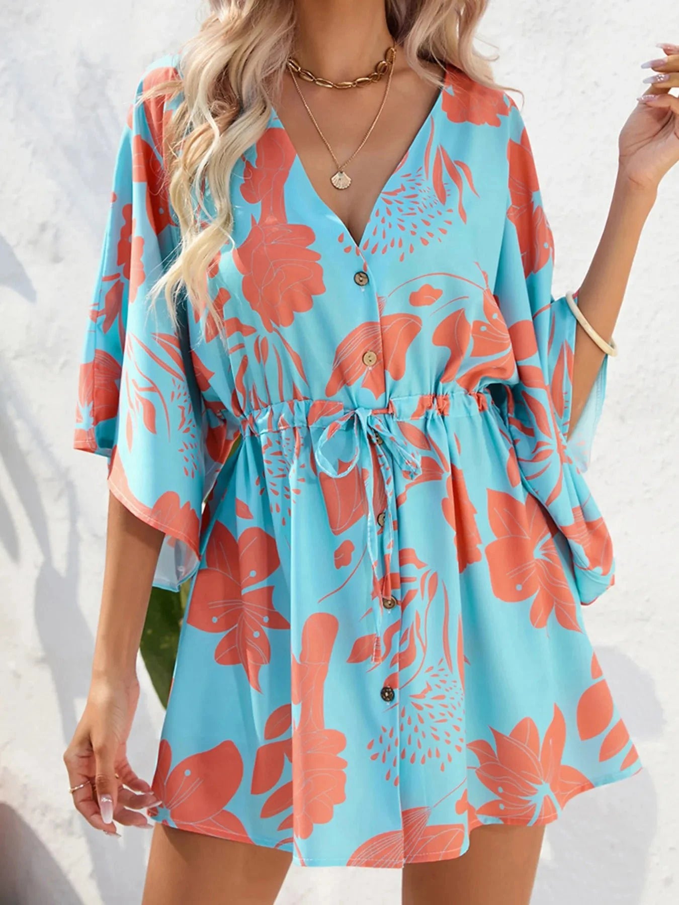 Color Block Drawstring Waist Button Up Dress