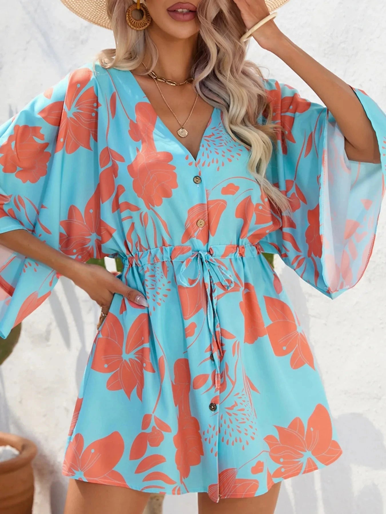 Color Block Drawstring Waist Button Up Dress