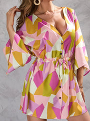 Color Block Drawstring Waist Button Up Dress