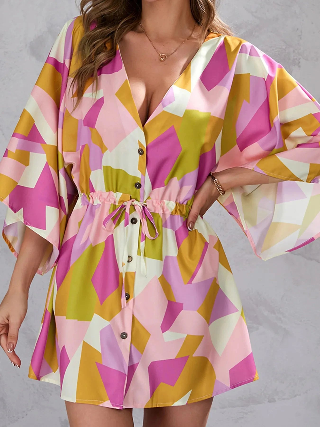 Color Block Drawstring Waist Button Up Dress