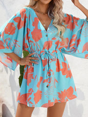 Color Block Drawstring Waist Button Up Dress