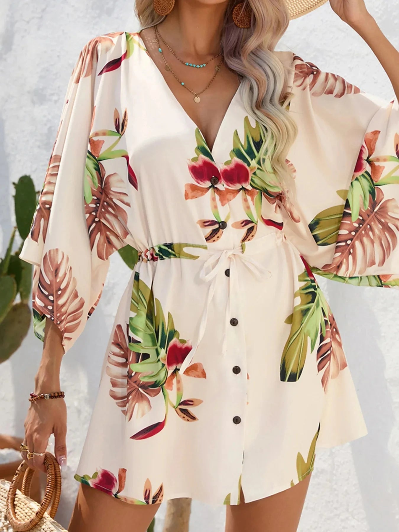 Color Block Drawstring Waist Button Up Dress