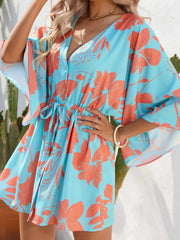 Color Block Drawstring Waist Button Up Dress Sky Blue / S