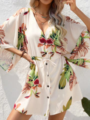 Color Block Drawstring Waist Button Up Dress Tan / S