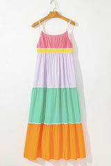 Color Block Flowy Tiered Maxi Dress with Pockets