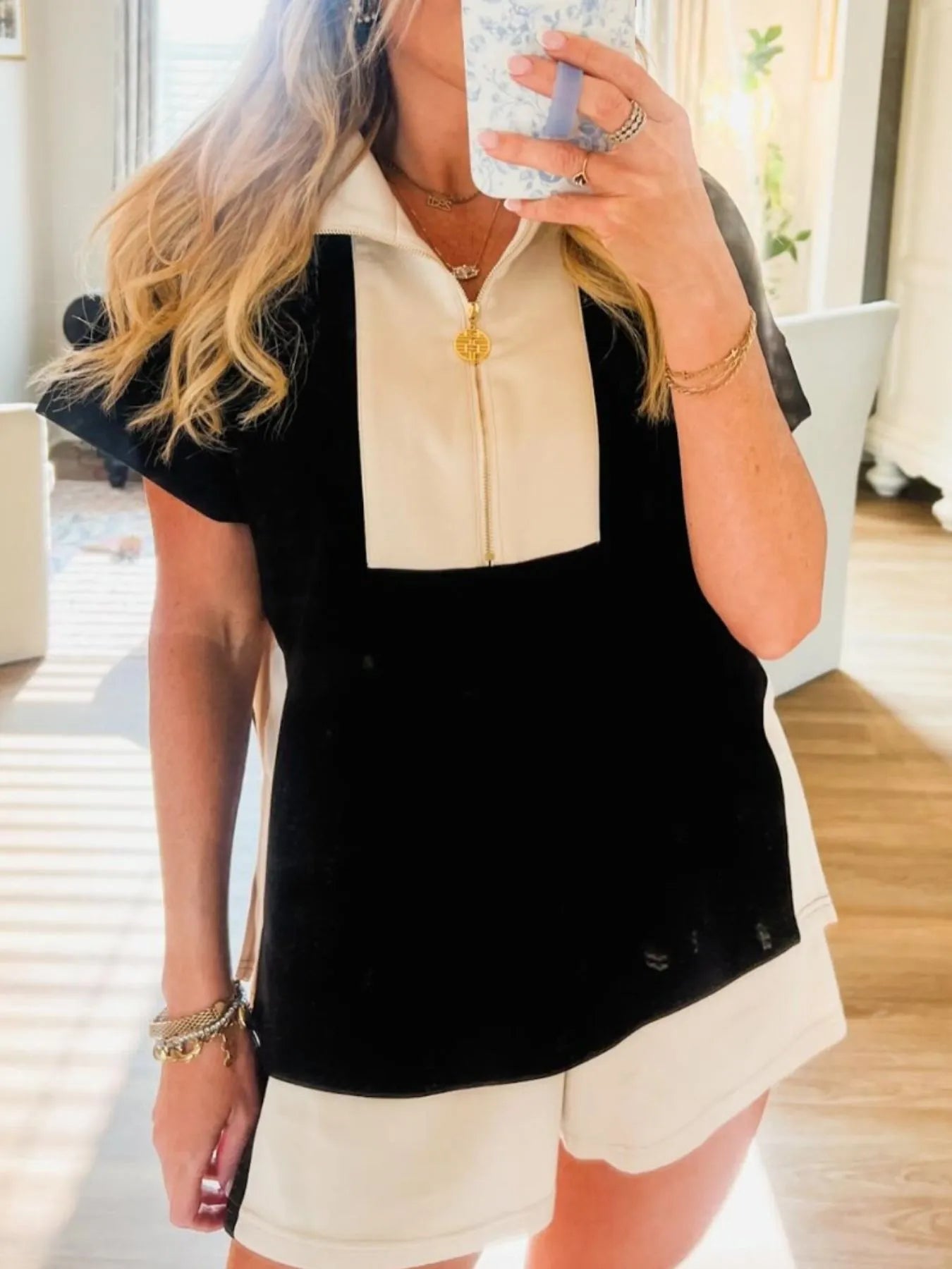 Color Block Half Zip Top and Shorts Two-Piece Set