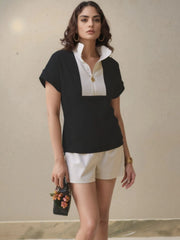 Color Block Half Zip Top and Shorts Two-Piece Set