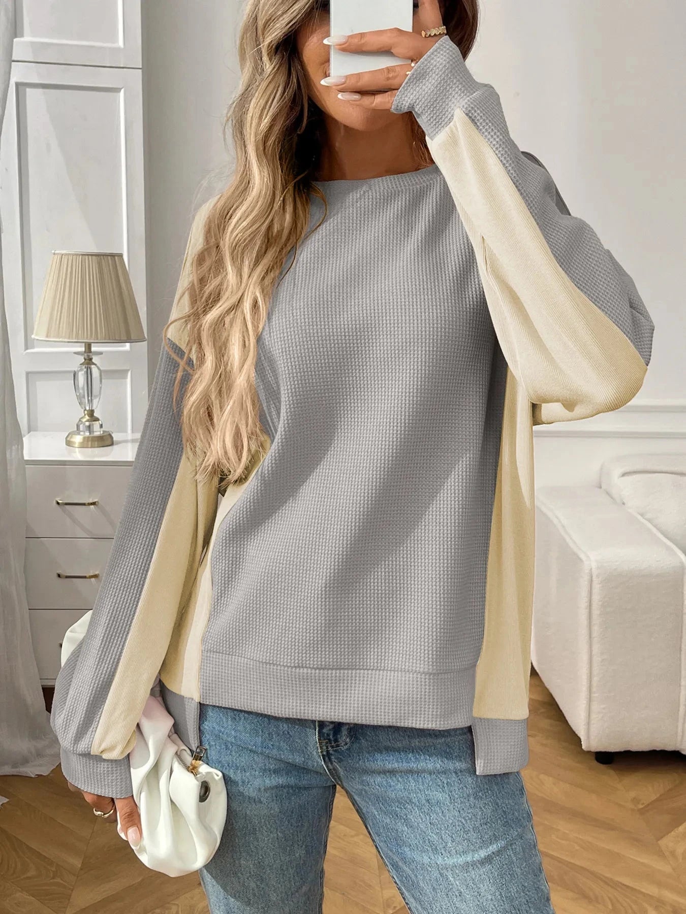 Color Block Long Sleeve Sweatshirt Grey / S