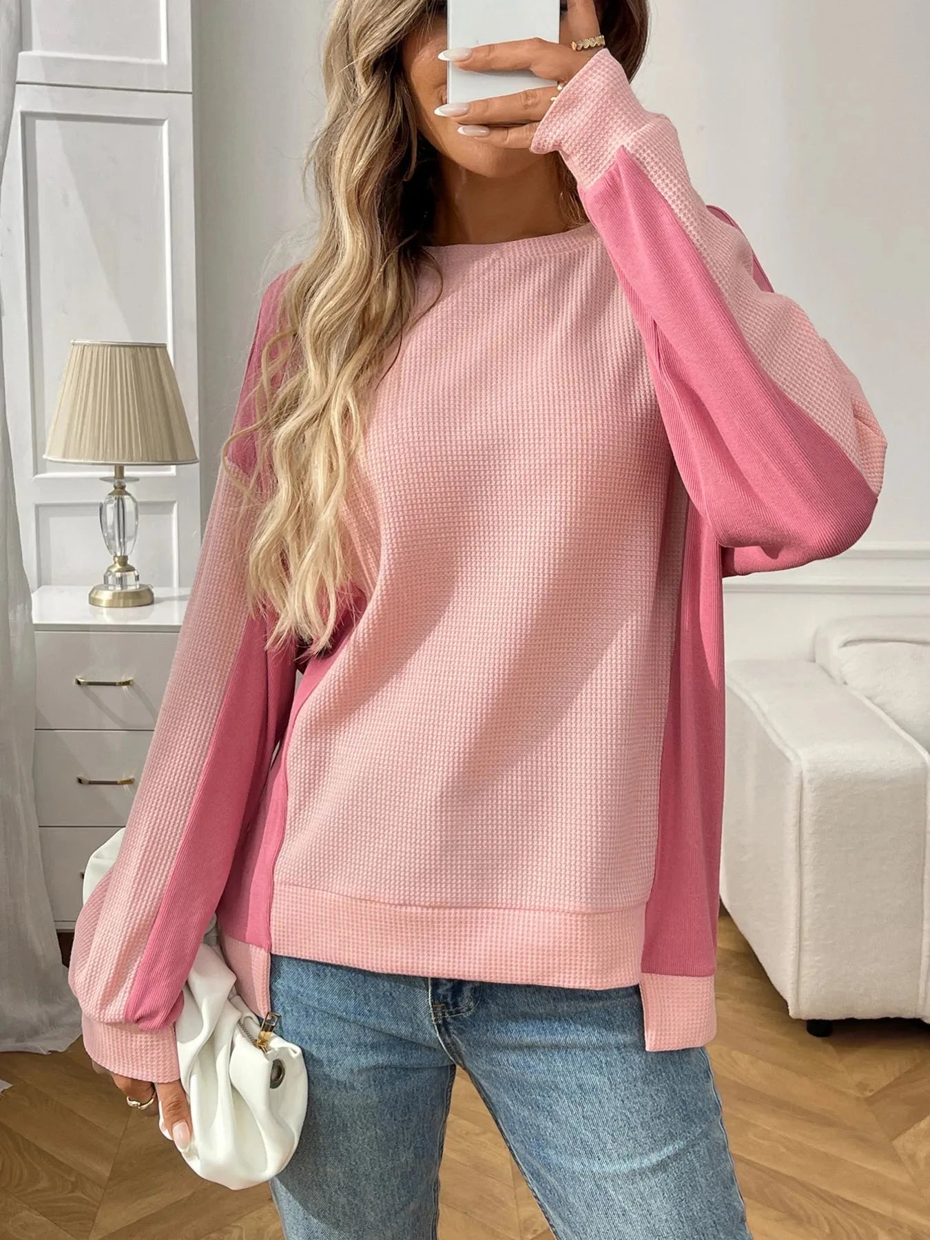 Color Block Long Sleeve Sweatshirt Pink / S