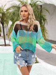 Color Block Openwork Boat Neck Cover Up Mid Green / S