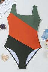 Color Block Padded Square Neck One Piece Swimsuit