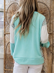 Color Block Plaid Notched Long Sleeve Top