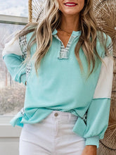 Color Block Plaid Notched Long Sleeve Top Tiffany Blue / S