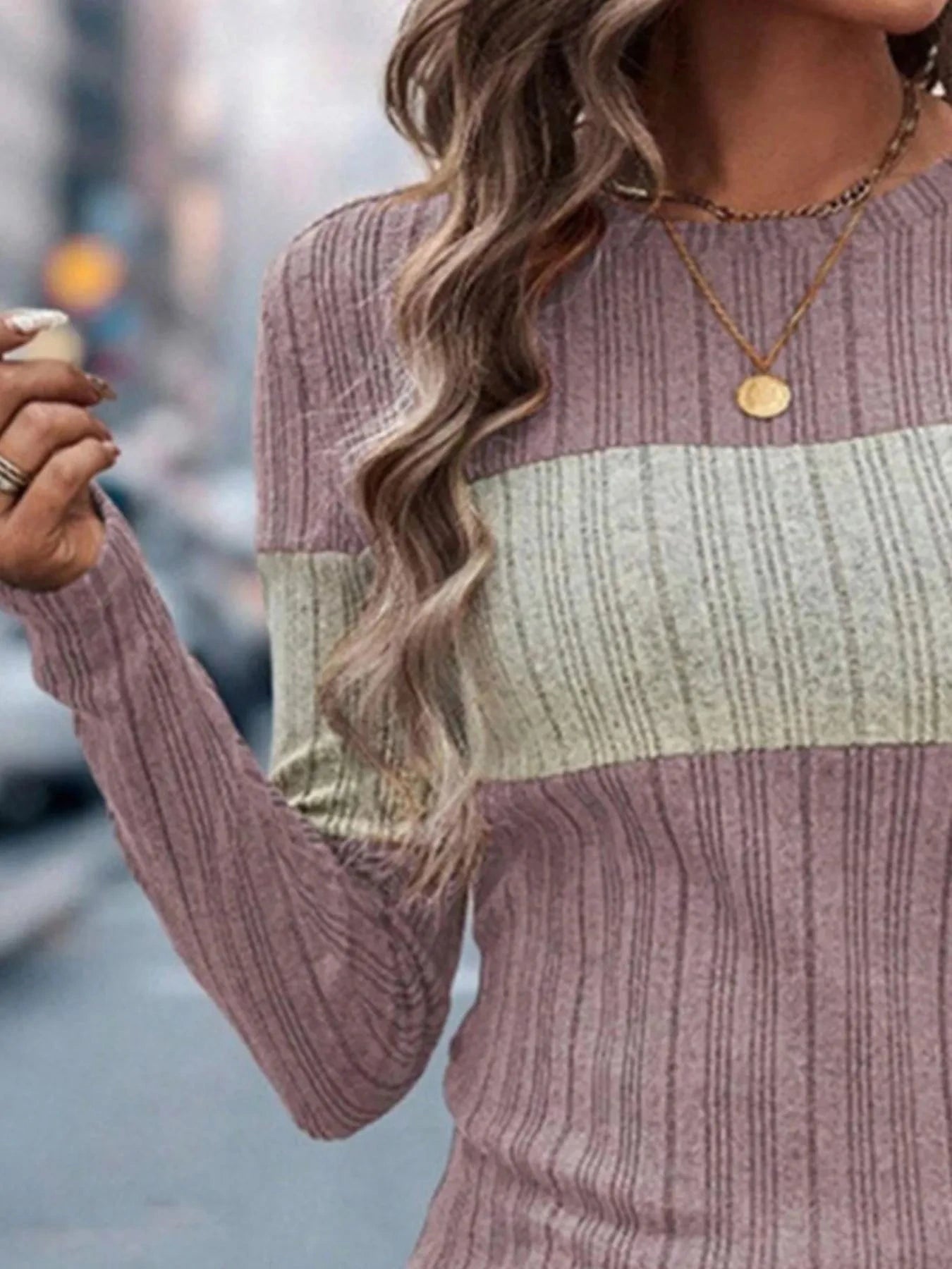 Color Block Round Neck Long Sleeve Sweater