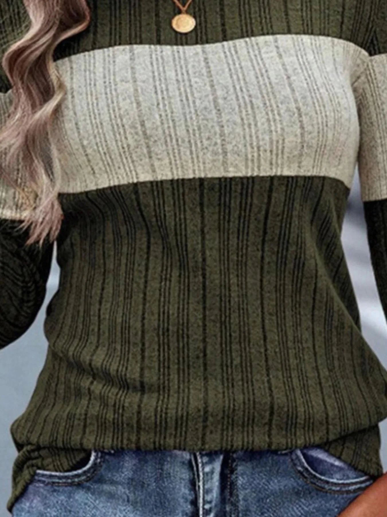 Color Block Round Neck Long Sleeve Sweater