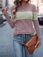 Color Block Round Neck Long Sleeve Sweater Pink / S