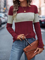 Color Block Round Neck Long Sleeve Sweater Wine Red / S