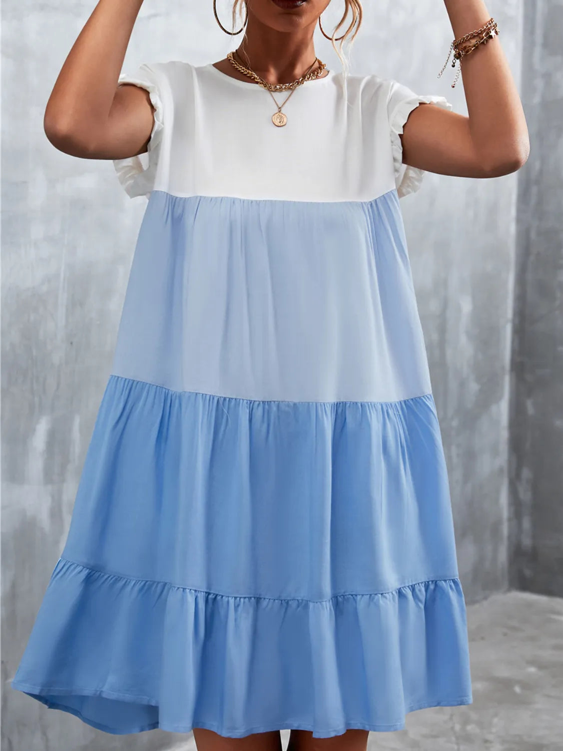 Color Block Round Neck Short Sleeve Dress