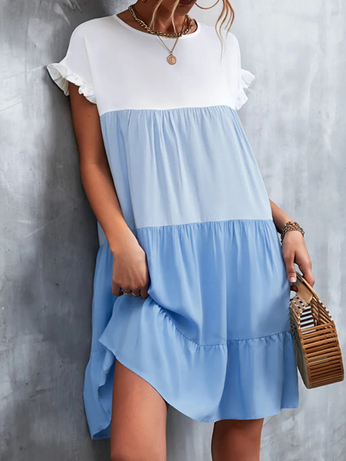 Color Block Round Neck Short Sleeve Dress Light Blue / S